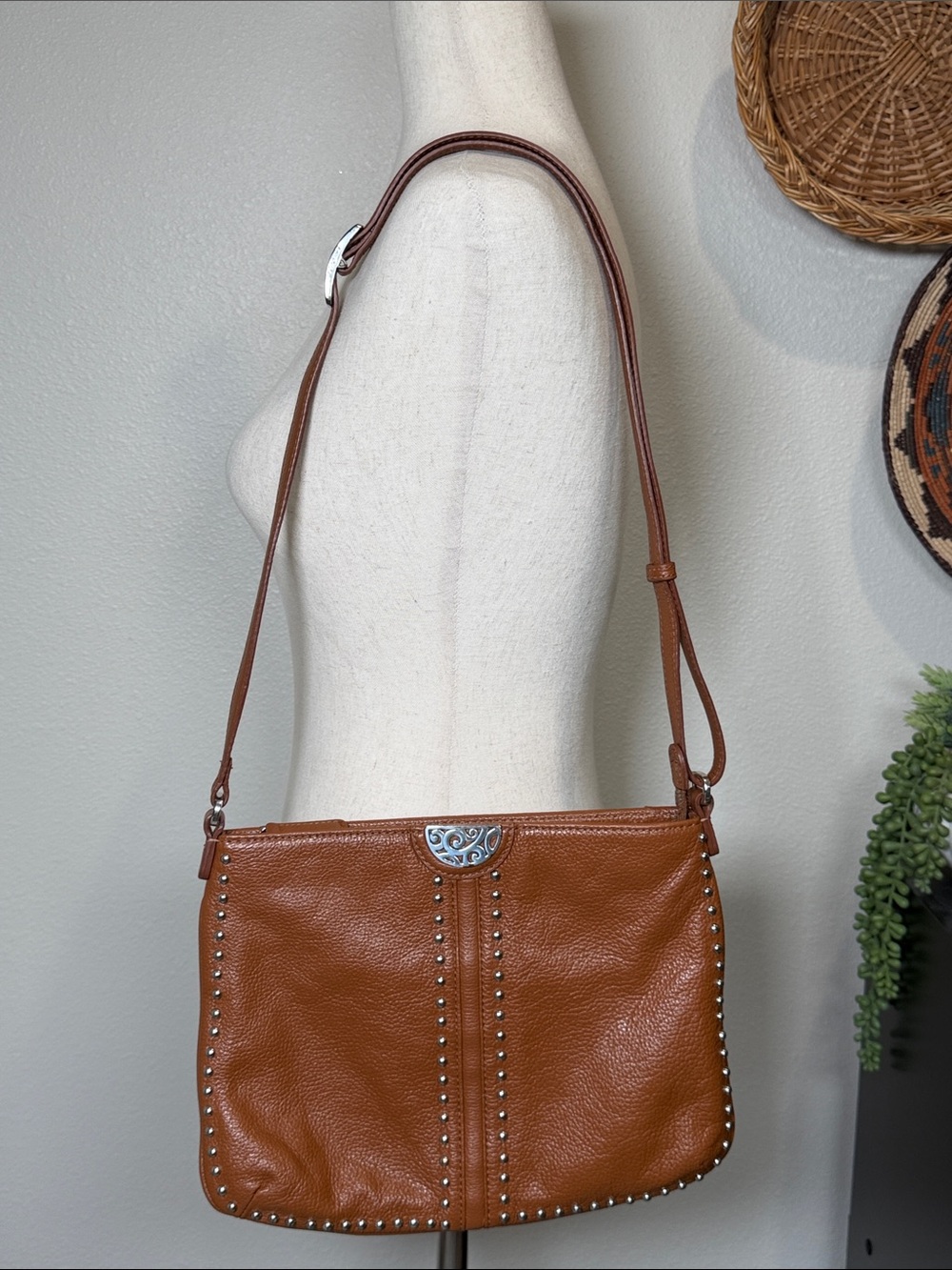 Brighton Crossbody Shoulder Bag Purse Camel Tan Silver Studded Accents